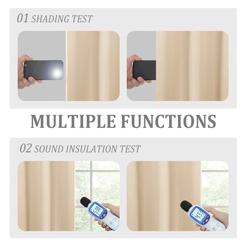 DWCN 100% Beige Blackout Curtains 84 Inches Long for Bedroom with Black Liner, Double Layer Thermal Insulated Room Darkening Window Curtain Panels with Tiebacks for Nursery Room W52 x L84, 2 Panels