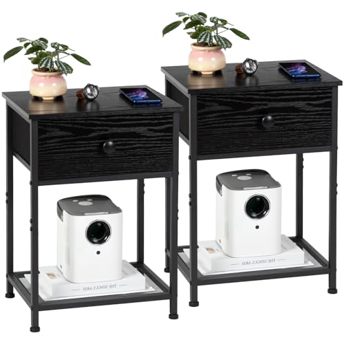 AMHANCIBLE Night Stand Set 2, Black Nightstand with Fabric Drawer, Industrial End Tables Living Room with Storage Shelf, Slim Bedside Table for Bedroom, Small Spaces, HET03SDBK