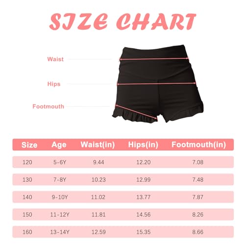 Peninpha Girls Athletic Ruffle Shorts High Waisted Spandex Shorts Stretch Youth Gymnastics Yoga Dance Shorts for Kid Age 5-14 Black