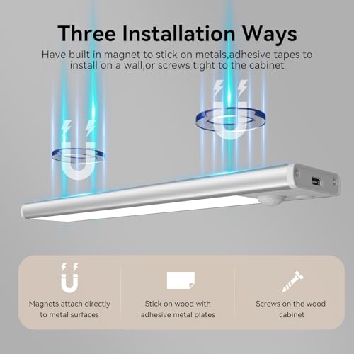 xinp Under Cabinet Lighting, 3 Color Magnetic Motion Sensor Light Indoor, USB Rechargeable Closet Lights 1800mAh Battery Operated, Wireless Dimmable Under Counter Light Bar for Kitchen,Hallway