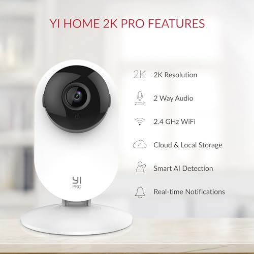 YI Pro 2K Home Security Camera, 2.4Ghz Indoor Camera with Person, Vehicle, Animal Smart Detection, Phone App for Baby, Pet, Dog Monitoring, Works with Alexa and Google Assistant