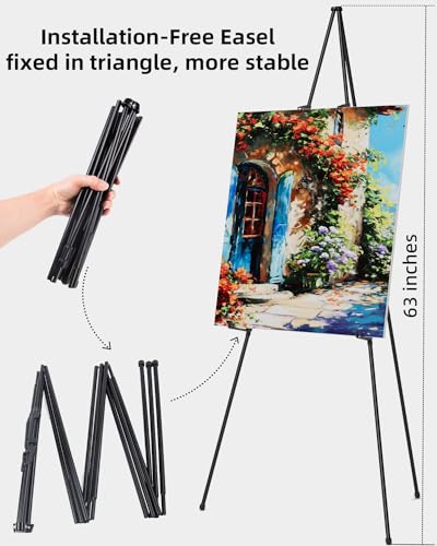 Nicpro Folding Easels for Display, 2 Pack 63 Inch Metal Floor Easel Stand Tripod Black Portable for Artist Poster Wedding with Carry Bag