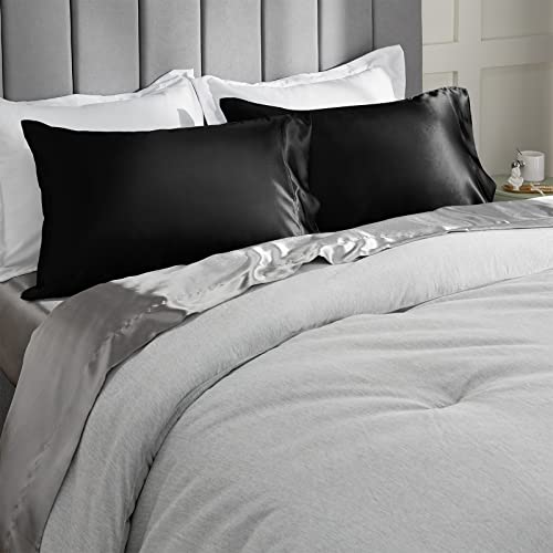 CozyLux Silk Satin Pillowcase for Hair and Skin Standard Set of 2 Soft Pillow Cases Silky Microfiber Bed Pillow Covers Wrinkle Resistant with Envelope Closure(Black, 20 x 26 Inches)