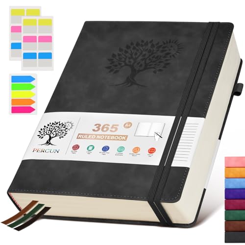 PERCUN A4 Lined Journal Notebook，365 Page Large Leather Journals for Writing Women Men，Hardcover Notebook with 100Gsm Thick Pages for Travel，Work，School，College Ruled, Daily Diary (8.5" x 11.4")