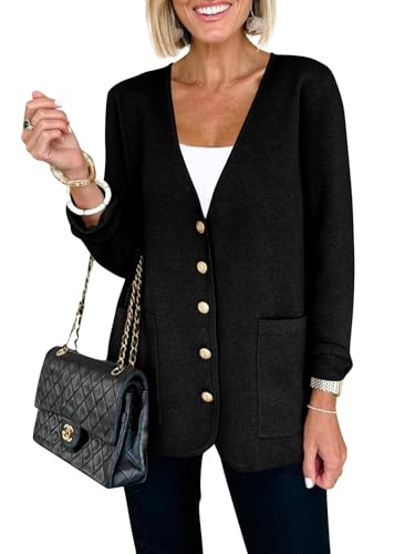 Saodimallsu Womens V Neck Cardigan Button Loose Knit Sweater Blazer Open Front Elegant Cardigans with Pockets Wine Red