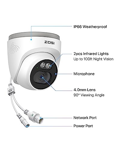 ZOSI C220 4MP QHD 2.5K Add-On PoE IP Camera Outdoor, 1440p Surveillance Outdoor Camera to Home Security System, Only Work with Our PoE NVR, 100ft IR Night Vision, AI Human Detection, One-Way Audio