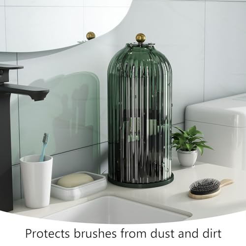 Emljkvp Makeup Brush Holder with Dustproof Cover 360 Rotating Makeup Brush Organizer for Vanity Bathroom, All Green