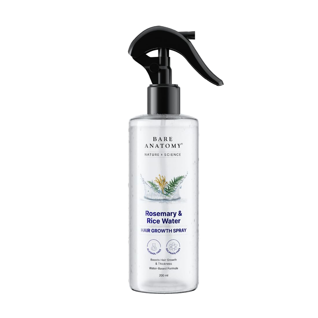 Bare Anatomy Nature x Science Rosemary Water Spray for Hair Growth & Hair Thickness with Rice Water |100% Natural Extract | Soft & Smooth Hair| Controls Hairfall| Non-Greasy & Fast Absorbing | 200ml