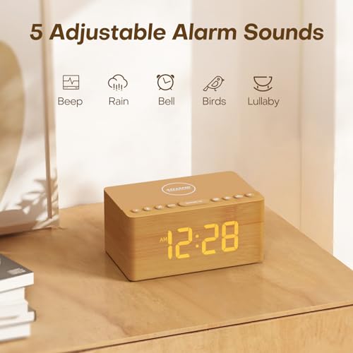 ANJANK Wooden Sound Machine Alarm Clock for Bedroom, Bluetooth Speaker, 20 Soothing Sounds, 0-100% Dimmer, Wireless Charging Station for iPhone/Samsung, Sleep Timer, White Noise Machine for Sleeping