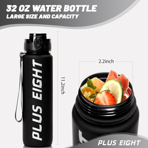 pluseight Sports Water Bottle, 32 oz Motivational Water Bottles with Time Marker to Drink, Leak-Proof Tritan BPA-Free with Carrying Strap for Women Men Gym Fitness Outdoor (Black Matte)