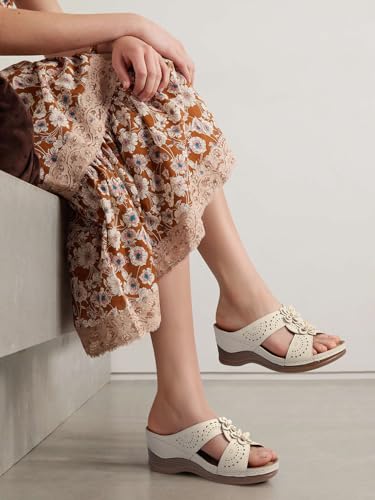 TEMOFON Womens Wedge Sandals Leather: Casual Dressy Women Beige Summer Platform Wedge Sandals Slip on Low Heels Comfortable Walking Size 6