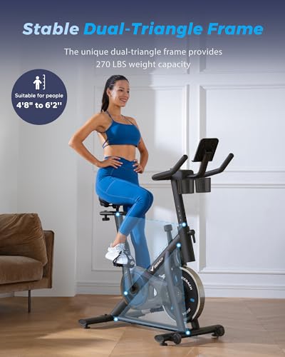 MERACH Exercise Bike, Brake Pad Stationary Bike with Exclusive App, Low Noise Indoor Cycling Bike with 270lbs Weight Capacity, Tablet Mount and Fitness Courses for Weight Loss
