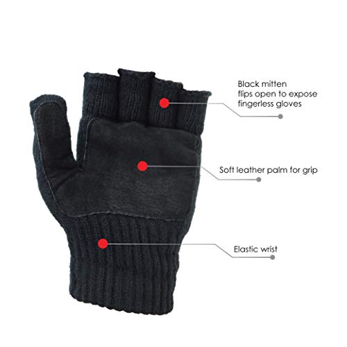 Illinois Glove Company 361WMB Rag Wool Glomitt Flip Mitten, 3M Thinsulate Lined, Soft Leather Grip Palm, Woman's Medium, Black