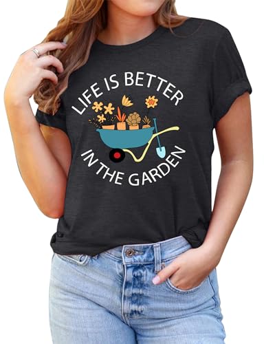 MAIHUN Garden Shirts for Women Plant Lover T-Shirt Life is Better in The Garden Letter Print Tee Gardener Gift Tops Green