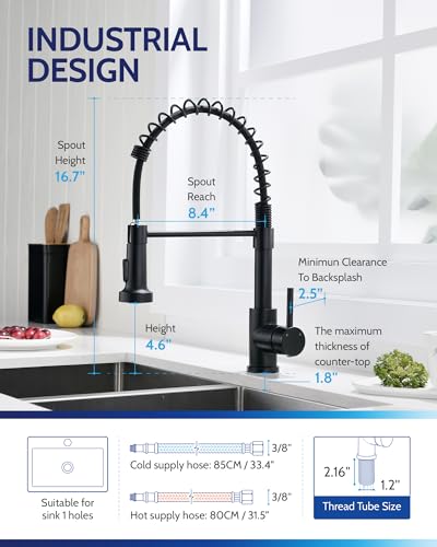 LUFEIDRA Black Kitchen Faucet with Pull Down Sprayer - High Arc Spring 304 Stainless Steel Single Hole Sink Faucet with Dual Function Pull-Down Sprayer for Bar Rv Kitchen, Matte Black