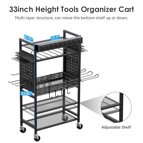 CCCEI Power Tool Organizer Cart with Charging Station, Garage Floor Rolling Storage Large Cart on Wheels for Mechanic, Mobile 6 Drill, Tool Box Utility Cart with Battery Charging Power Strip, Black.