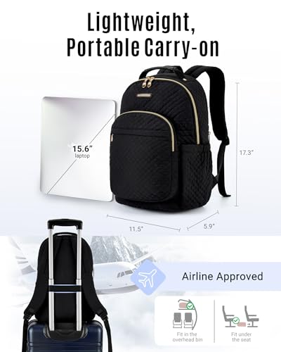 LIGHT FLIGHT Travel Laptop Backpack for Women, 15.6 Inch Anti Theft Laptop Backpack with USB Charging Hole Water Resistant Computer Backpack for Work, Quilted Black