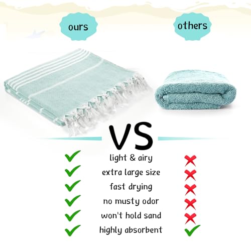 Oudain 2 Packs Oversized Turkish Beach Towel, 61" x 82" Extra Large Cotton Beach Towels for Adults Turkish Beach Blanket Travel Lightweight Sandproof for Bath Beach Gift Beach Supplies(Royal Green)