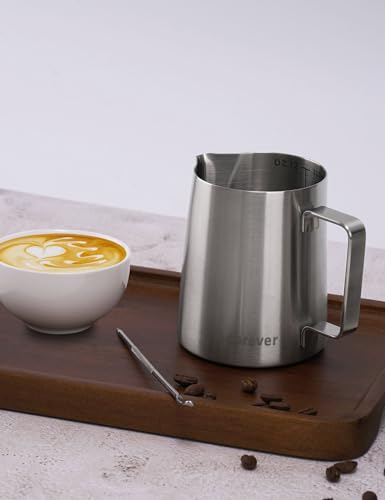 Adorever Milk Frothing Pitcher, 12oz Stainless Steel Milk Frother Cup Steaming Pitcher, Cappuccino Espresso Accessories Coffee Bar Barista Tools, Steamer Cup Milk Jug with Latte Art Pen, Matte Steel