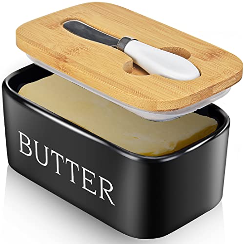 AISBUGUR Butter Dish with lid Ceramics Butter Keeper Container with Knife and High- quality Silicone Sealing Butter Dishes with Covers Good Kitchen Gift, Set of 2, Black