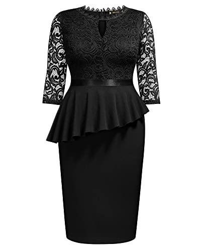 Miusol Women's Plus Size Lace Keyhole Neckline Peplum Bodycon Vintage Cocktail Party Dress A-Black