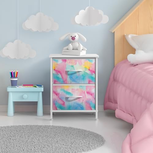 Sorbus Kids Dresser with 2 Drawers - Storage Chest Organizer Nightstand - Steel Frame, Wood Top, Tie-Dye Fabric Bins for Clothes - Wide Furniture for Bedroom, Hallway, Nursery, Closet, & Apartment