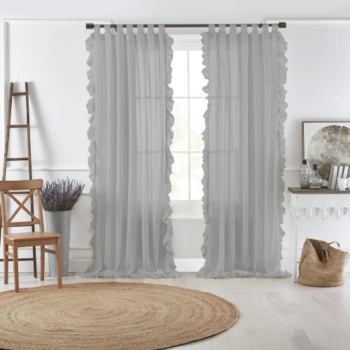 Elrene Home Fashions Bella French Country Cottage Core Tab-Top Ruffle Sheer Window Curtain, 52 in x 84 in (1 Panel), Charcoal