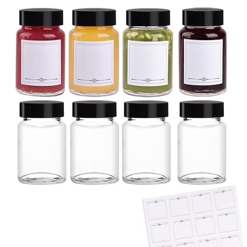 8 Pack 2 oz/60 ml Clear Glass Bottles with Black Caps & Labels, Small Glass Jar for Ginger, Wellness Shot, Juice, Sample, Leakproof Mini Travel Essential Bottles - Wide Mouth, Dishwasher Safe