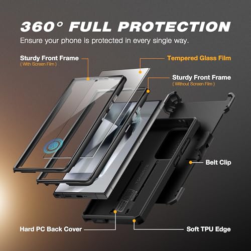 TONGATE for Samsung Galaxy S24 Ultra Case, [Bulit-in Screen Protector & Slide Camera Cover] [2 Front Frame] Military Grade Shockproof S24 Ultra Phone Case with Kickstand & Belt-Clip 6.8", Black