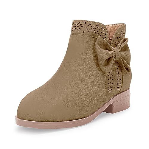 Girls Kids Bow Knot Ankle Boots Faux Suede V Cutout Low Stacked Heel Side Zipper Chelsea Shoes