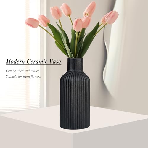 Vase, Ceramic Flower Vase, Minimalist Modern Home Decor, Matte Finish Pampas Grass Vase for Table, Fireplace, Shelf, Mantel, Entryway and Centerpieces (Black)