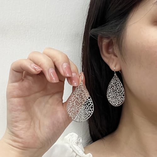 Handmade Filigree Teardrop Dangling Earrings for Women, 925 Sterling Silver Hooks Exquisite Leaf Earrings for Gift