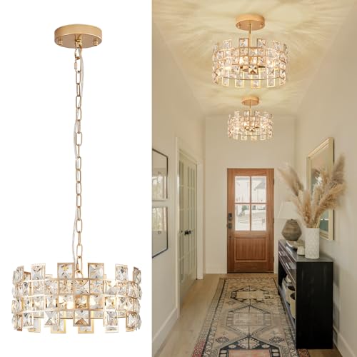 AIRYPHANT Crystal Pendant Light Modern Gold Chandelier 4-Light Semi Flush Mount Ceiling Light D12’’ Round Crystal Pendant Lighting for Kitchen Island Entryway Hallway Dining Room