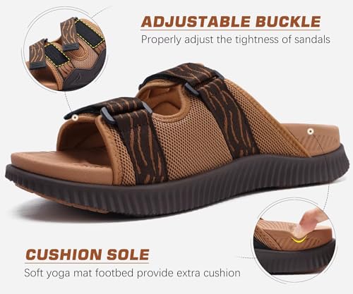 KuaiLu Mens Walking Slide Sandals Orthotic Athletic Thick Cushion Recovery Sport Sandles Adjustable Strap Open Toe Slip On Yoga Mat With Comfortable Plantar Fasciitis Arch Support Khaki Size 7