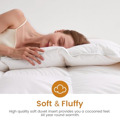 LeWinBedding Luxury Goose Feathers Down Comforter Twin Size,All Season Fluffy Duvet Insert,750 Fill Power Hotel Quality Bed Comforter with 8 Tabs(White,68x90 inches)