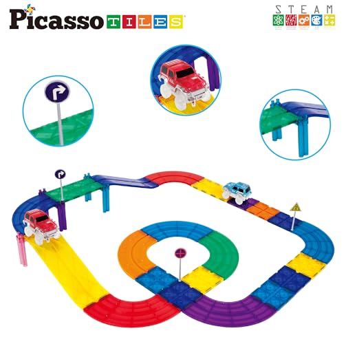 PicassoTiles Magnetic Race Track Toys Car Tracks Set for Toddlers Magnet Building Blocks Tiles Sensory Toys for Kids Include 2 Trucks STEM Engage in Thrilling Races Age 3+ Year Old Boys Girls