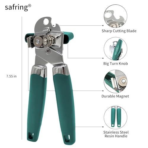 Safring Can Opener Manual with Magnet, Stainless Steel Handheld Heavy Duty Can Opener, Sharp Blade Smooth Edge, Comfortable Handle, Can Openers with Multifunctional Bottle Opener, Aqua Sky