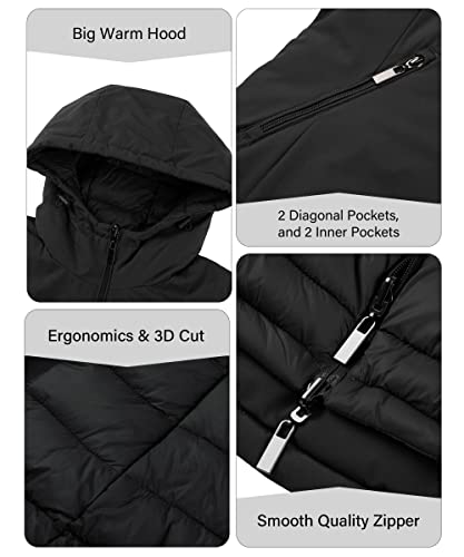 Bellivera Women Puffer Jacket Reversible Spring and Winter Warm Quilted Lightweight Long Hooded Padded Bubble Coat 207 Black S