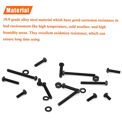 HELIFOUNER 560 Pieces M2 x 4mm /6mm /8mm /10mm /12mm /16mm /20mm, Button Head Socket Cap Screws Bolts Washers Nuts Kit, 10.9 Grade Alloy Steel, Full Threaded, Black