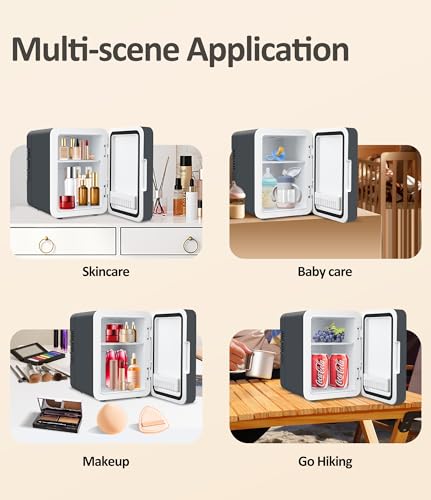 BOGDA Mini Skincare Fridge (4 Liter/6 Can) with Dimmable LED Light Mirror, Cooler and Warmer for Refrigerating Make Up, Skin Care and Food, Portable Mini Fridge for Bedroom, Office and Car, Grey