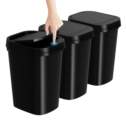 KSSKSS 3 Pack Bathroom Small Trash Can with Lid, 2.6 Gallon Slim Garbage Bin with Pop-Up Lid, 10L Plastic Wastebasket with Press Top Lid for Bedroom, Office, Kitchen, Toilet (Black)