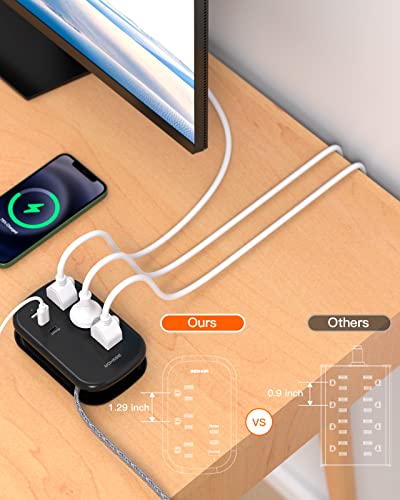 USB C Travel Power Strip, Ultra Flat Extension Cord, Flat Plug Power Strip, 3 Outlets with 3 USB Ports(2 USB C), 3.2ft Wrapped Around Extension Cord for Cruise Ship, Travel Essentials, Black