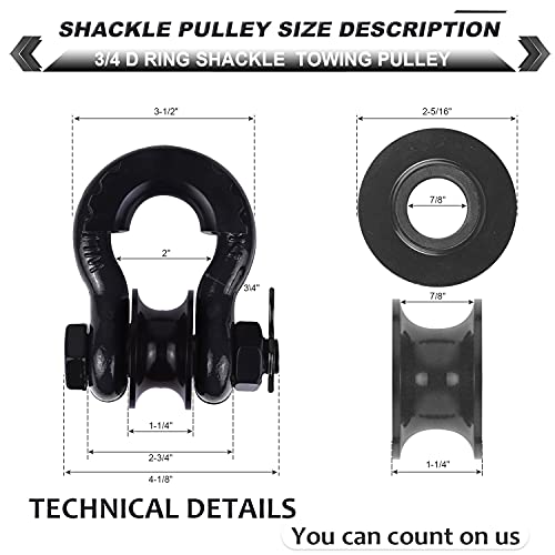 AMBULL Upgraded Snatch Block, 3/4" D Ring Shackle (2 Pack) 22,000lb Break Strength with Towing Pulley, Heavy Duty Offroad Recovery Accessory for Truck, Tractor, ATV & UTV - Black