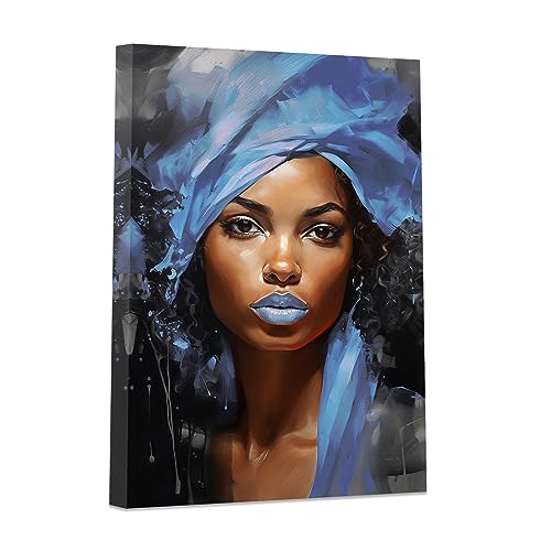 DOARTDO African American Canvas Wall Art Black Women Blue Hair Scarf Pictures Abstract Wall Paintings Black Girl Art Print Framed (12.00" x 18.00", Blue)