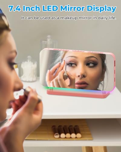 SZELAM Alarm Clock for Bedroom,7.4" Mirror Digital Clocks Large Display,with RGB Night Light, USB C Charger Port,Auto Dimming,LED Desk Clock for Kid Teen Girl Adults Room - Pink