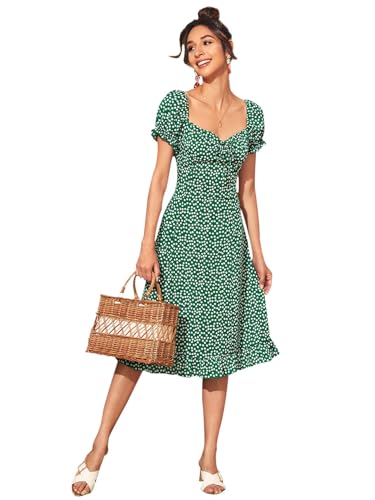 Floerns Women's Milkmaid Floral Print Puff Sleeve Square Neck Slit Hem Midi Dress Green XS