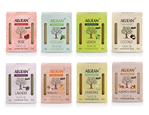 Aegean 100% Natural Bar Soap w/Organic Ingredients, Vegan Soap, Moisturizing, Handmade, Scented w/Premium Essential Oils, Body Soap Bars for Women & Men