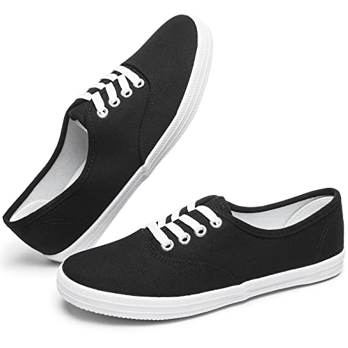 Womens White Canvas Sneakers Low Top Lace-up Canvas Shoes Lightweight Casual Tennis Shoes(Black.US6)