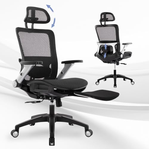 Ergonomic Mesh Office Chair with Footrest, High Back Executive Desk Chair with Adjustable Lumbar Support, Headrest and Tilt Lock, 4D Flip-up Arm-Black