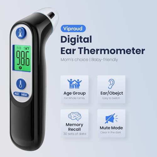 Ear Thermometer for Kids, Adults and Babies, FSA Eligible, Fever Alarm, Mute Mode, 30 Memory Recall with 21 Probe Covers - Fast Results & Easy to use, Life Time Support (Black)